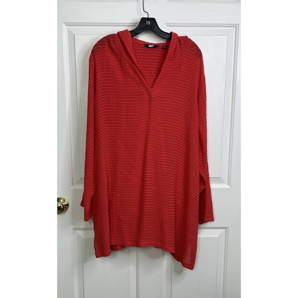 Lands' End Ribbed Hooded Mini Swim Cover-up Dress Womens 2X Coral Rose Red Sheer
